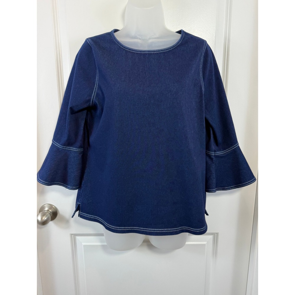 Chicos Dark Wash Denim Jean Bell Sleeve Top Blue 1 Indigo Office Nautical Medium